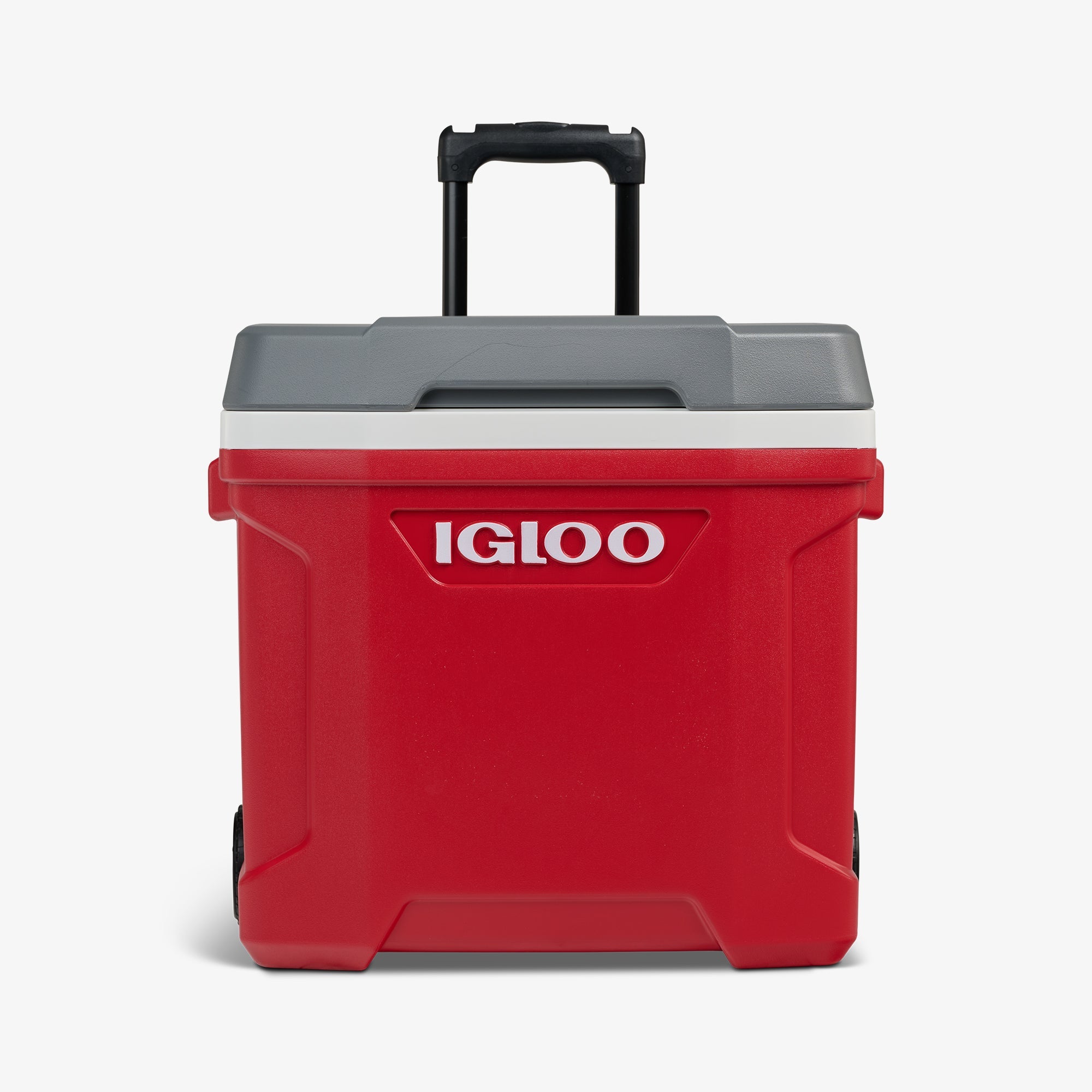 Front View | Latitude 30 Qt Roller Cooler::Red::Locking/telescoping handle 