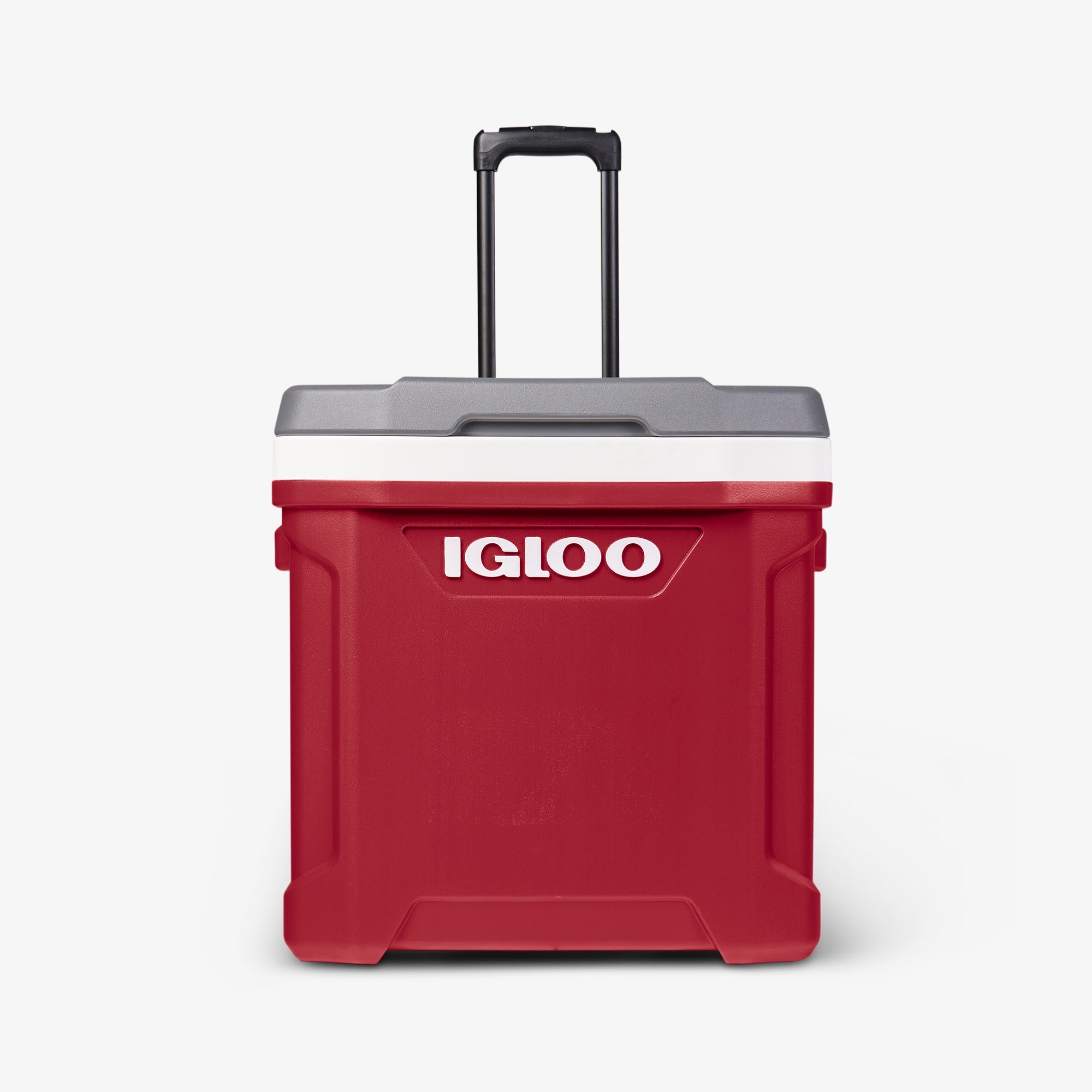 Front View | Latitude 60 Qt Roller Cooler::Red::Locking/telescoping handle 