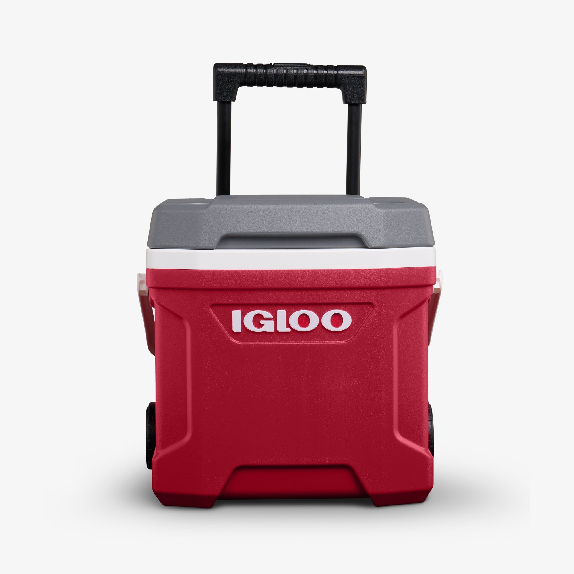 Front View | Latitude 16 Qt Roller Cooler::Red::Locking/telescoping handle 