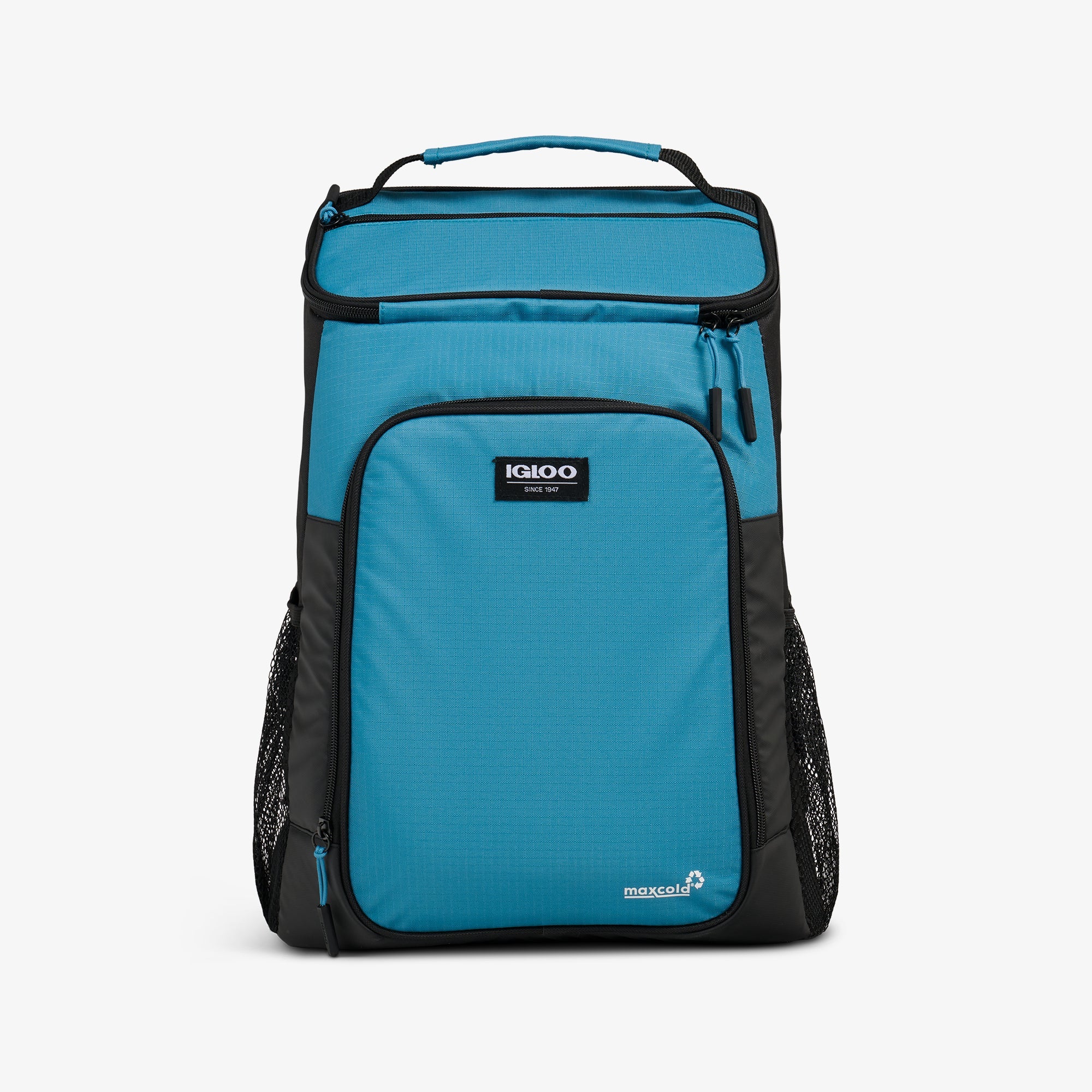Front View | Latitude Top Grip 24-Can Backpack::Modern Blue::100% recycled polyester exterior 