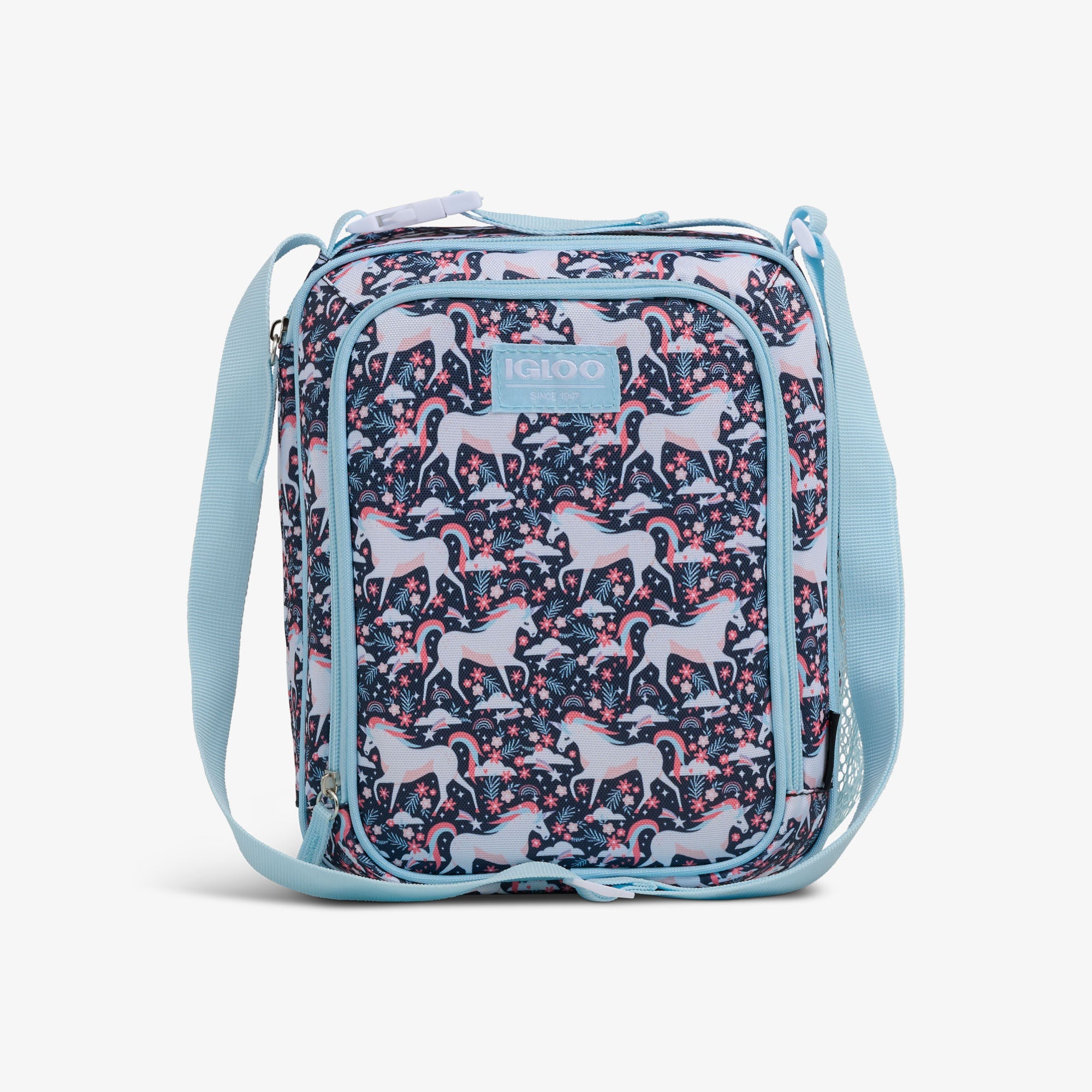 Front View | Kids Lunch Vertical Cooler + Bento Box::Unicorns::Water-resistant exterior 